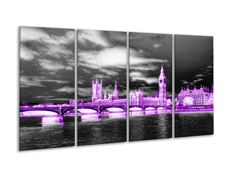 Glasschilderij Engeland, London | Paars, Zwart, Wit | 160x80cm 4Luik