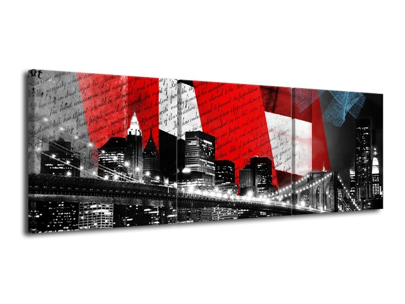 Glasschilderij Steden, Brug | Zwart, Wit, Rood | 120x40cm 3Luik