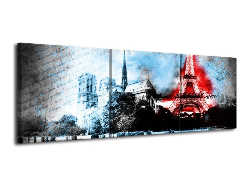 Canvas Schilderij Parijs, Eiffeltoren | Blauw, Rood, Zwart | 120x40cm 3Luik