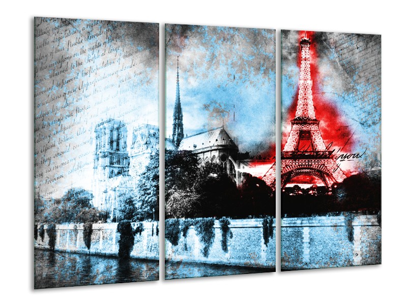 Glasschilderij Parijs, Eiffeltoren | Blauw, Rood, Zwart | 120x80cm 3Luik