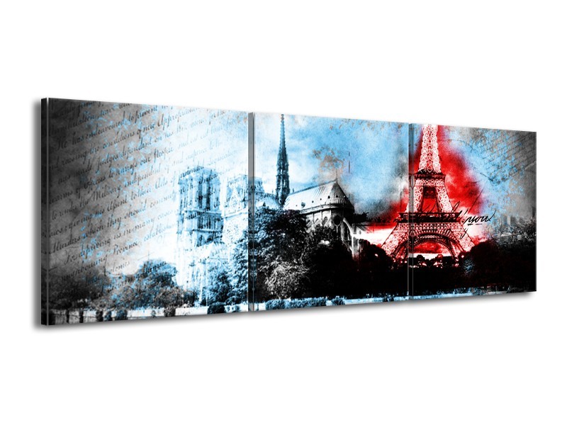 Glasschilderij Parijs, Eiffeltoren | Blauw, Rood, Zwart | 150x50cm 3Luik