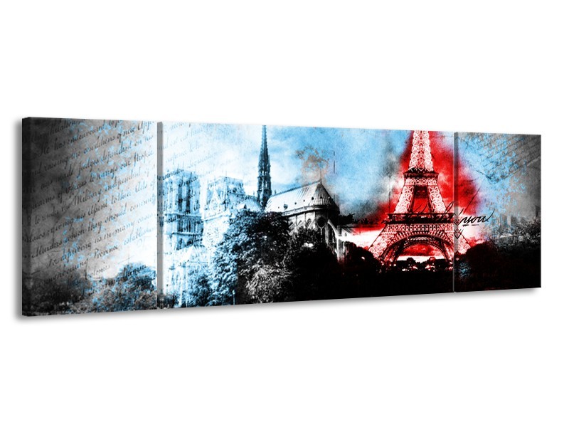 Glasschilderij Parijs, Eiffeltoren | Blauw, Rood, Zwart | 170x50cm 3Luik