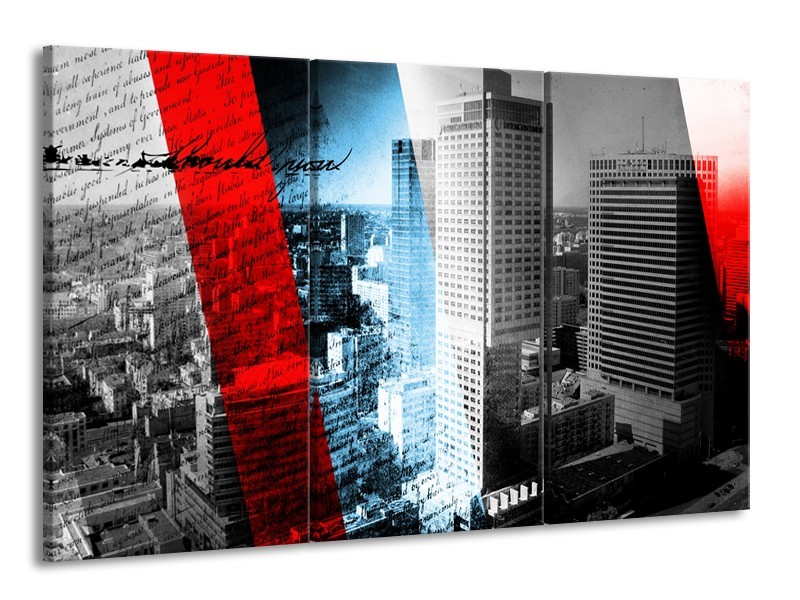 Canvas Schilderij Steden, Wolkenkrabber | Zwart, Blauw, Rood | 165x100cm 3Luik