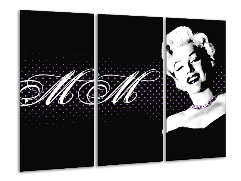 Glasschilderij Marilyn Monroe | Zwart, Wit, Paars | 120x80cm 3Luik
