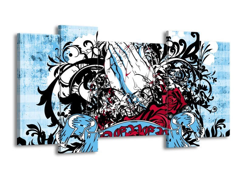 Glasschilderij Popart, Handen | Blauw, Rood, Zwart | 120x65cm 5Luik