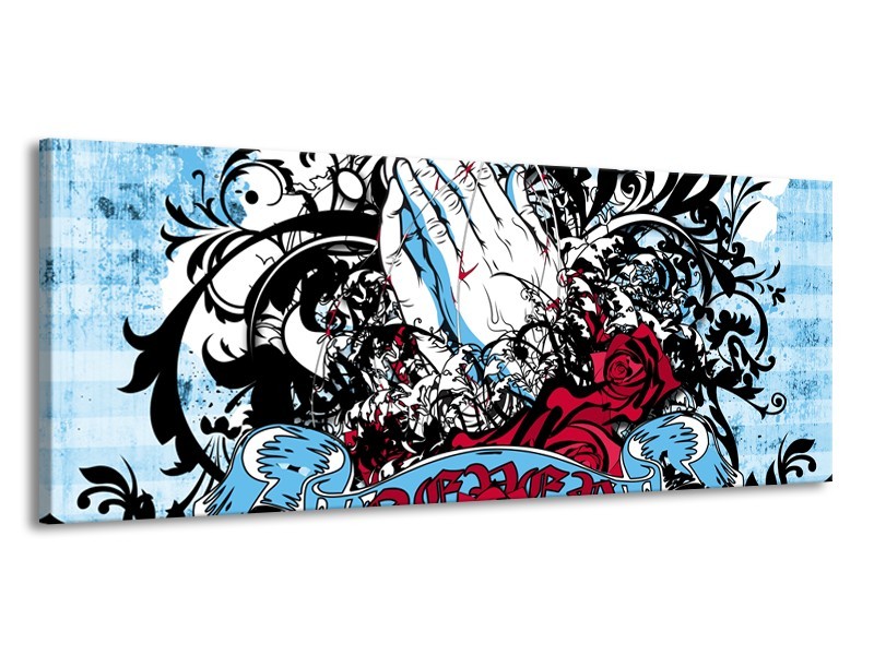 Glasschilderij Popart, Handen | Blauw, Rood, Zwart | 145x58cm 1Luik