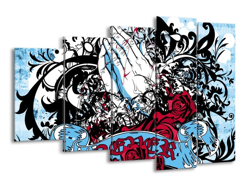 Canvas Schilderij Popart, Handen | Blauw, Rood, Zwart | 150x100cm 5Luik