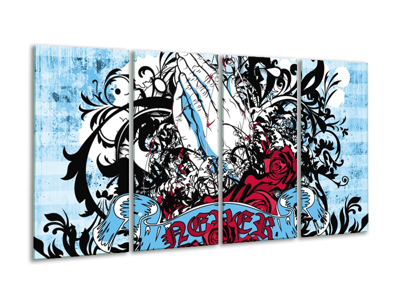 Canvas Schilderij Popart, Handen | Blauw, Rood, Zwart | 160x80cm 4Luik