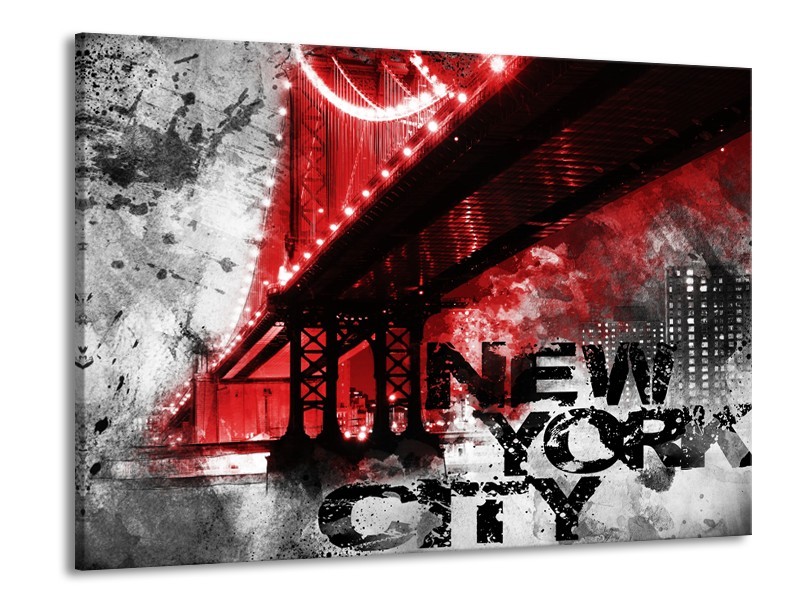 Canvas Schilderij New York, Brug | Rood, Zwart, Wit | 100x70cm 1Luik