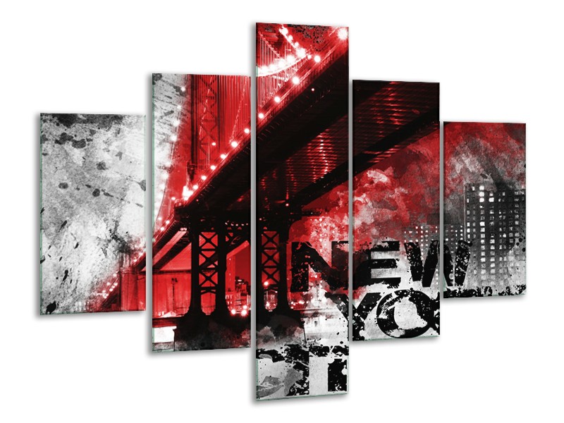 Glasschilderij New York, Brug | Rood, Zwart, Wit | 100x70cm 5Luik