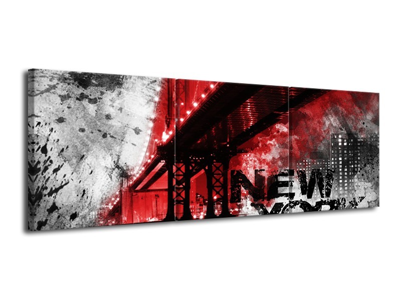 Glasschilderij New York, Brug | Rood, Zwart, Wit | 120x40cm 3Luik