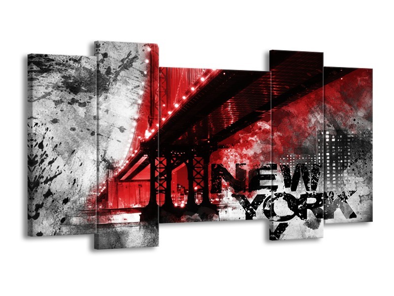 Canvas Schilderij New York, Brug | Rood, Zwart, Wit | 120x65cm 5Luik