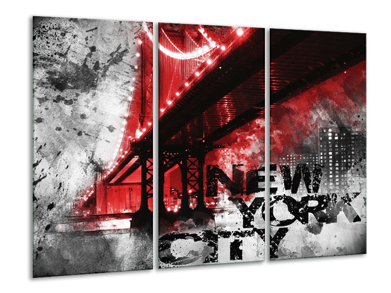 Canvas Schilderij New York, Brug | Rood, Zwart, Wit | 120x80cm 3Luik