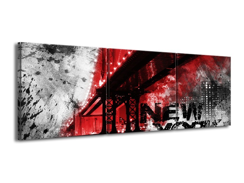 Canvas Schilderij New York, Brug | Rood, Zwart, Wit | 150x50cm 3Luik