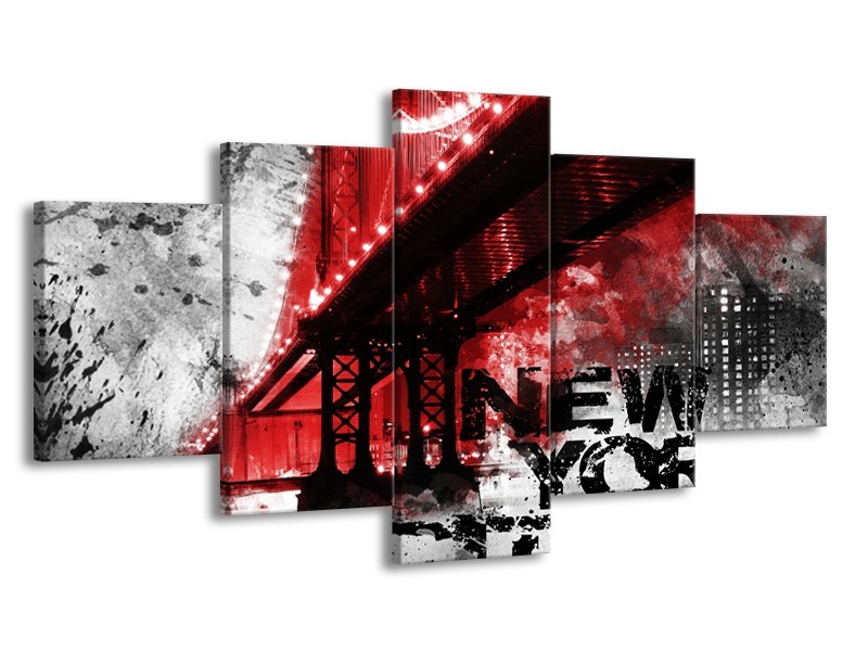 Glasschilderij New York, Brug | Rood, Zwart, Wit | 150x80cm 5Luik