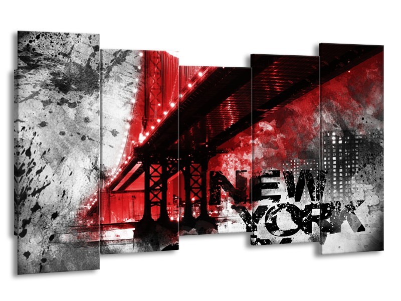 Canvas Schilderij New York, Brug | Rood, Zwart, Wit | 150x80cm 5Luik