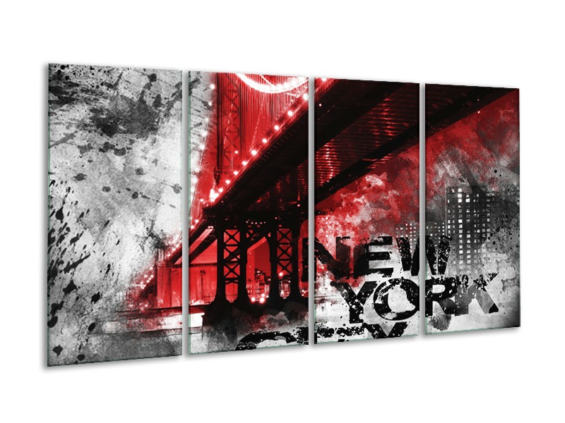 Glasschilderij New York, Brug | Rood, Zwart, Wit | 160x80cm 4Luik