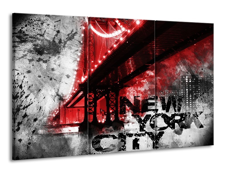 Canvas Schilderij New York, Brug | Rood, Zwart, Wit | 165x100cm 3Luik