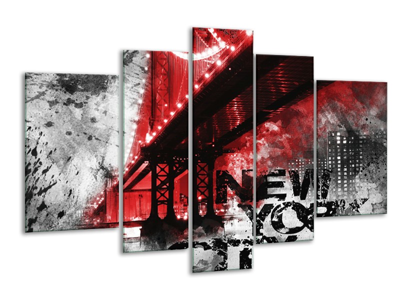 Glasschilderij New York, Brug | Rood, Zwart, Wit | 170x100cm 5Luik