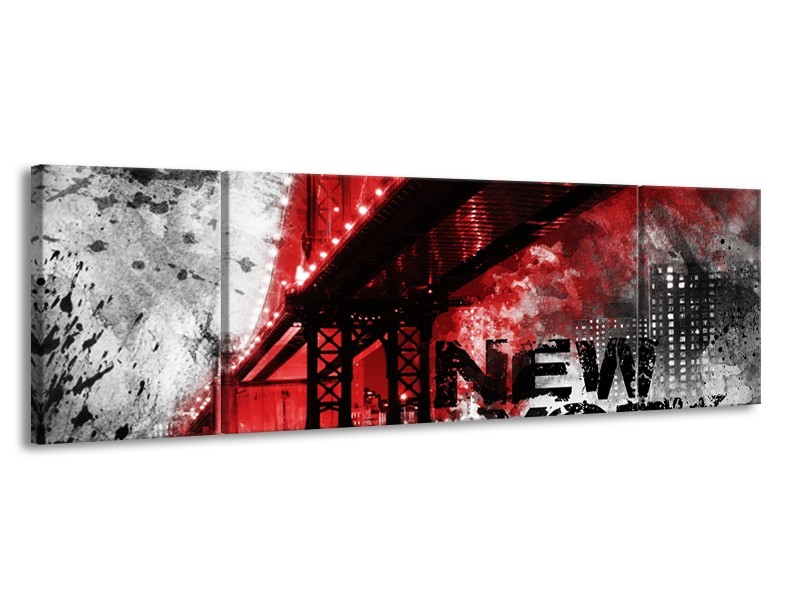 Glasschilderij New York, Brug | Rood, Zwart, Wit | 170x50cm 3Luik