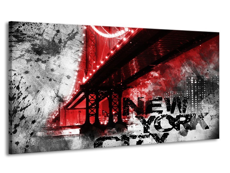 Canvas Schilderij New York, Brug | Rood, Zwart, Wit | 170x90cm 1Luik