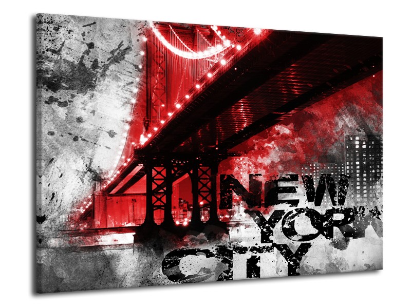 Canvas Schilderij New York, Brug | Rood, Zwart, Wit | 70x50cm 1Luik