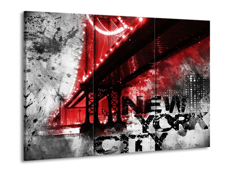 Canvas Schilderij New York, Brug | Rood, Zwart, Wit | 60x90cm 3Luik