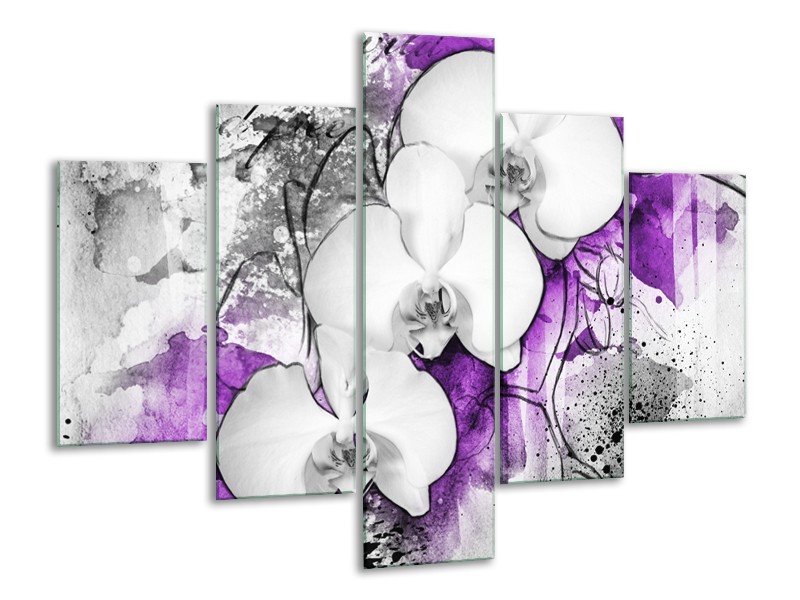 Canvas Schilderij Bloem, Orchidee | Grijs, Paars, Wit | 100x70cm 5Luik