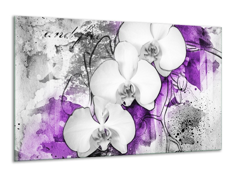 Glasschilderij Bloem, Orchidee | Grijs, Paars, Wit | 120x70cm 1Luik