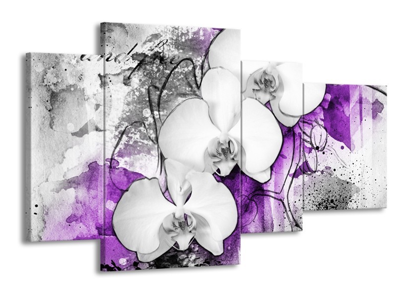 Canvas Schilderij Bloem, Orchidee | Grijs, Paars, Wit | 120x75cm 4Luik