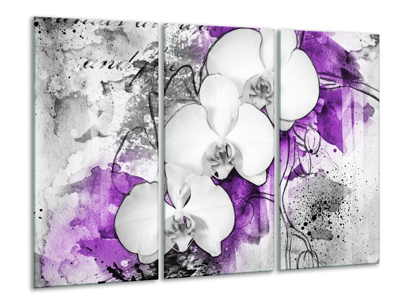 Glasschilderij Bloem, Orchidee | Grijs, Paars, Wit | 120x80cm 3Luik