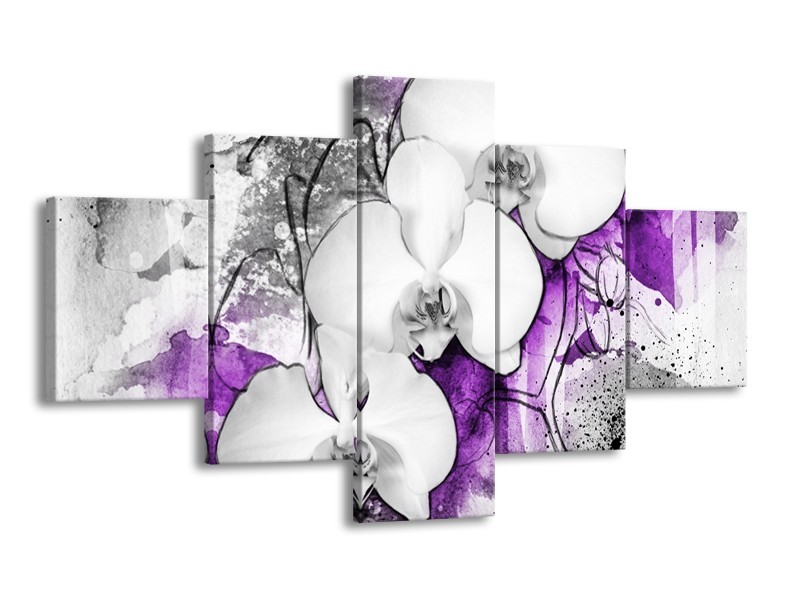 Canvas Schilderij Bloem, Orchidee | Grijs, Paars, Wit | 125x70cm 5Luik