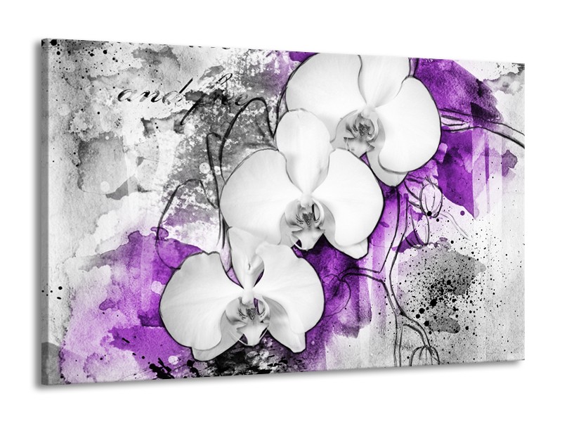 Canvas Schilderij Bloem, Orchidee | Grijs, Paars, Wit | 140x90cm 1Luik