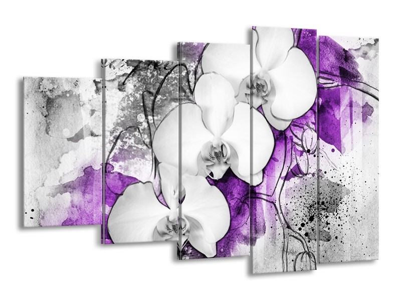 Canvas Schilderij Bloem, Orchidee | Grijs, Paars, Wit | 150x100cm 5Luik