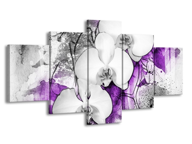 Glasschilderij Bloem, Orchidee | Grijs, Paars, Wit | 150x80cm 5Luik