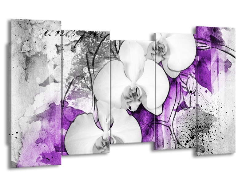 Glasschilderij Bloem, Orchidee | Grijs, Paars, Wit | 150x80cm 5Luik