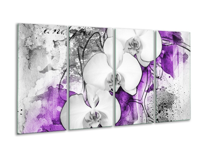Canvas Schilderij Bloem, Orchidee | Grijs, Paars, Wit | 160x80cm 4Luik