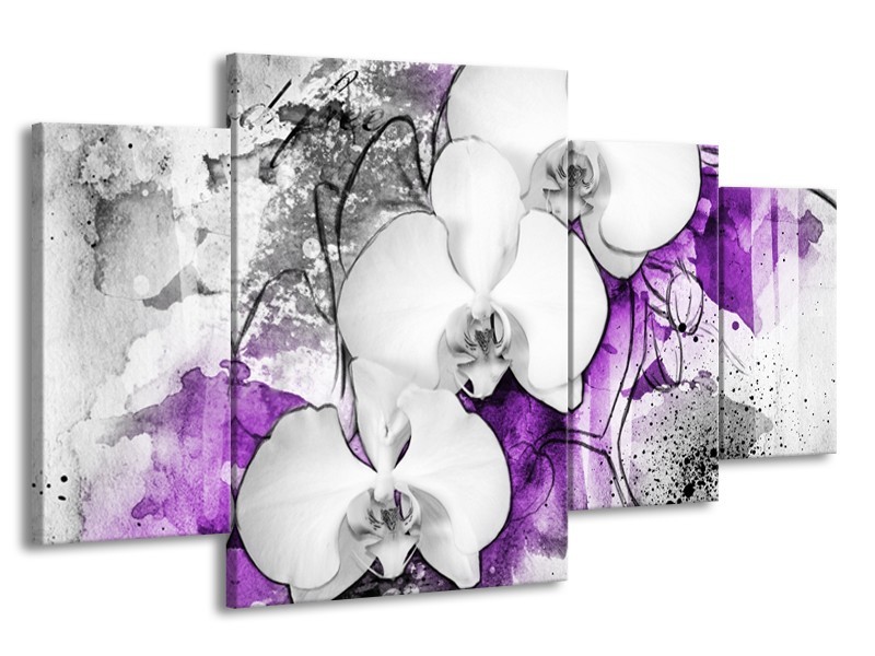 Canvas Schilderij Bloem, Orchidee | Grijs, Paars, Wit | 160x90cm 4Luik