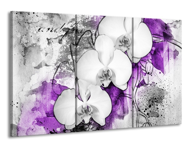Canvas Schilderij Bloem, Orchidee | Grijs, Paars, Wit | 165x100cm 3Luik