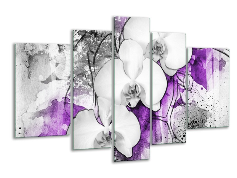 Glasschilderij Bloem, Orchidee | Grijs, Paars, Wit | 170x100cm 5Luik