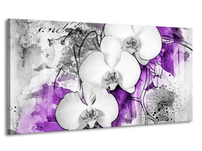 Canvas Schilderij Bloem, Orchidee | Grijs, Paars, Wit | 170x90cm 1Luik