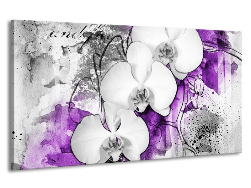 Canvas Schilderij Bloem, Orchidee | Grijs, Paars, Wit | 190x100cm 1Luik