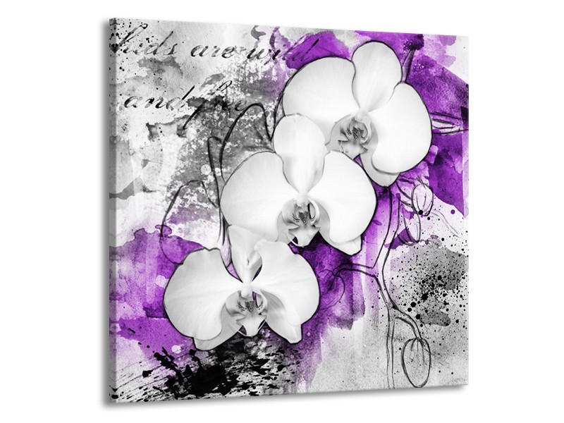 Canvas Schilderij Bloem, Orchidee | Grijs, Paars, Wit | 70x70cm 1Luik