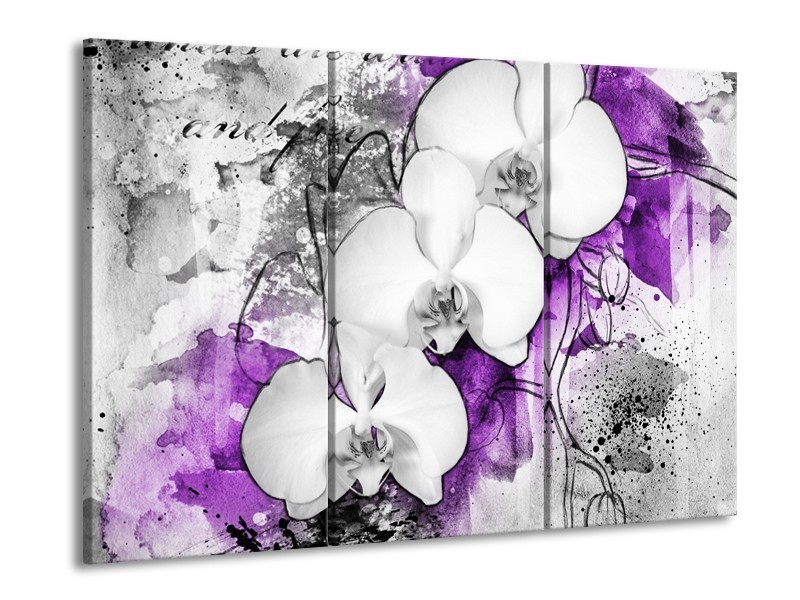 Canvas Schilderij Bloem, Orchidee | Grijs, Paars, Wit | 60x90cm 3Luik