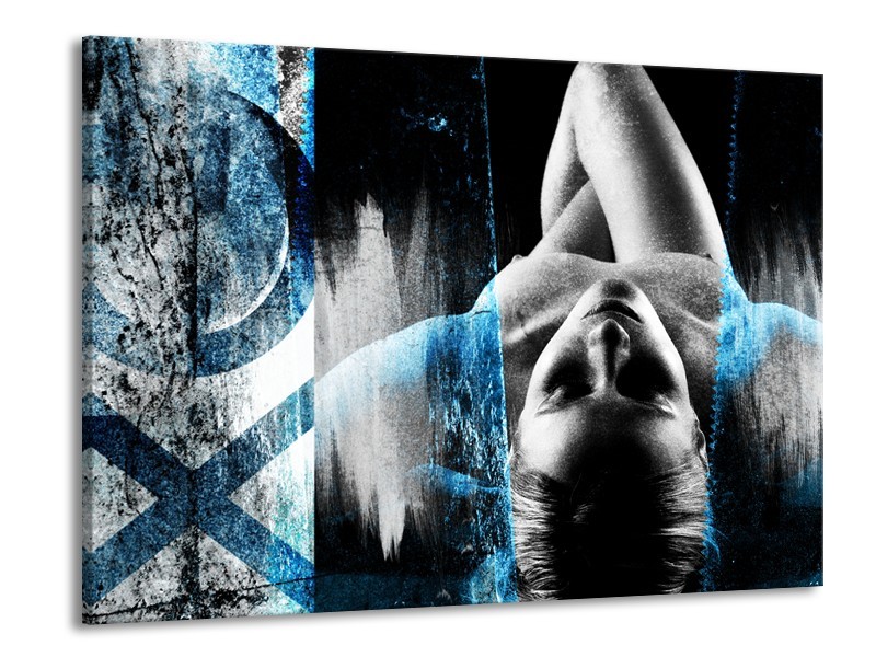 Canvas Schilderij Vrouw, Kunst | Zwart, Wit, Blauw | 100x70cm 1Luik