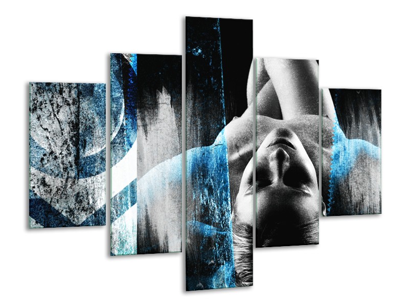 Glasschilderij Vrouw, Kunst | Zwart, Wit, Blauw | 100x70cm 5Luik