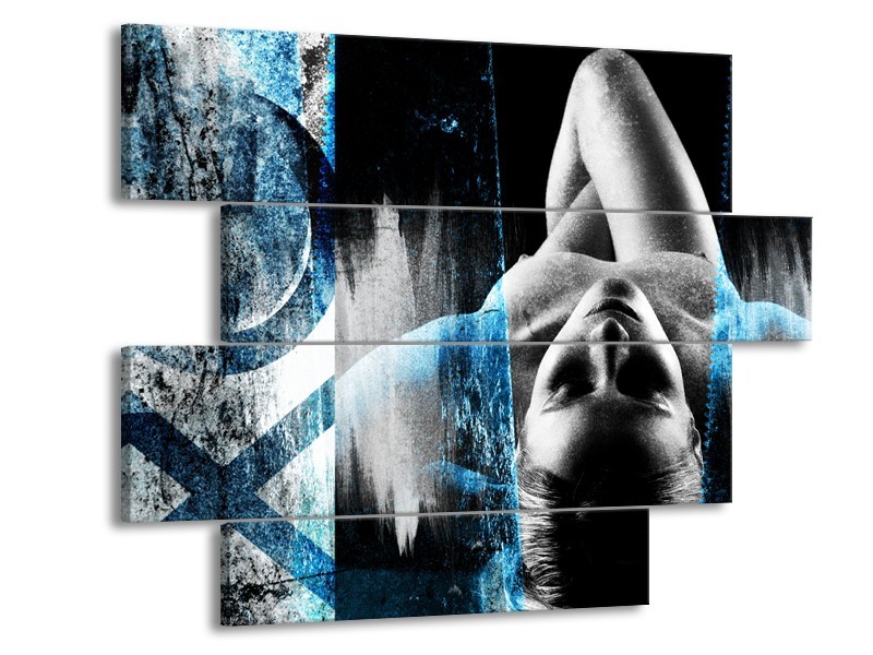 Glasschilderij Vrouw, Kunst | Zwart, Wit, Blauw | 115x85cm 4Luik