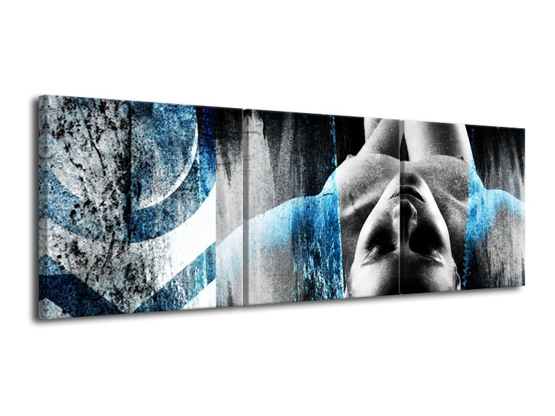 Glasschilderij Vrouw, Kunst | Zwart, Wit, Blauw | 120x40cm 3Luik