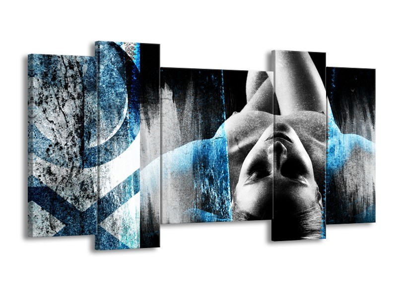 Glasschilderij Vrouw, Kunst | Zwart, Wit, Blauw | 120x65cm 5Luik