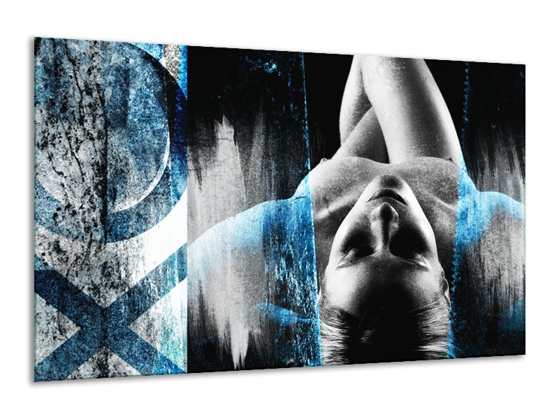 Glasschilderij Vrouw, Kunst | Zwart, Wit, Blauw | 120x70cm 1Luik